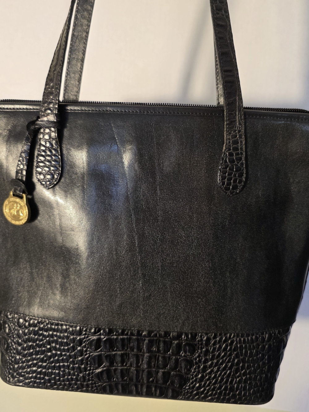 Vintage Brahmin Susana Black Leather Croc Embossed Shoulder Bag Tote EUC